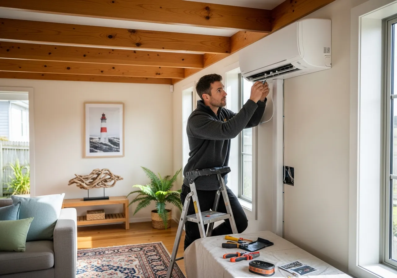 Whittaker Electrical Master Electrician installing compliant heat pump for Healthy Homes Standards in Kapiti Coast rental property
