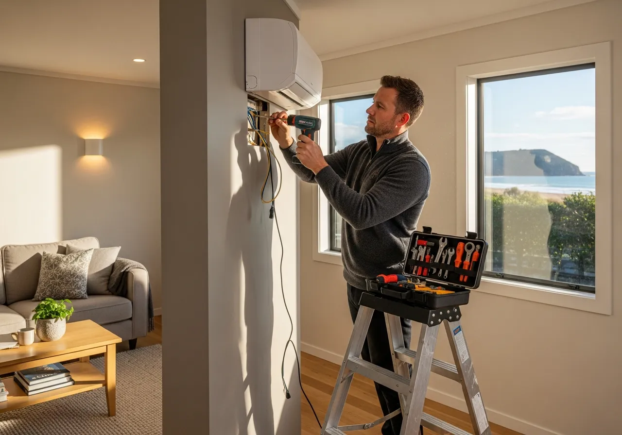 Professional electrician installing compliant bathroom extraction fan for Healthy Homes Standards in Kapiti Coast rental property