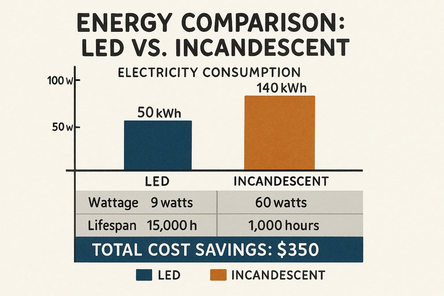 Energy comparison chart showing LED versus incandescent bulb electricity consumption and cost savings for Kapiti Coast households