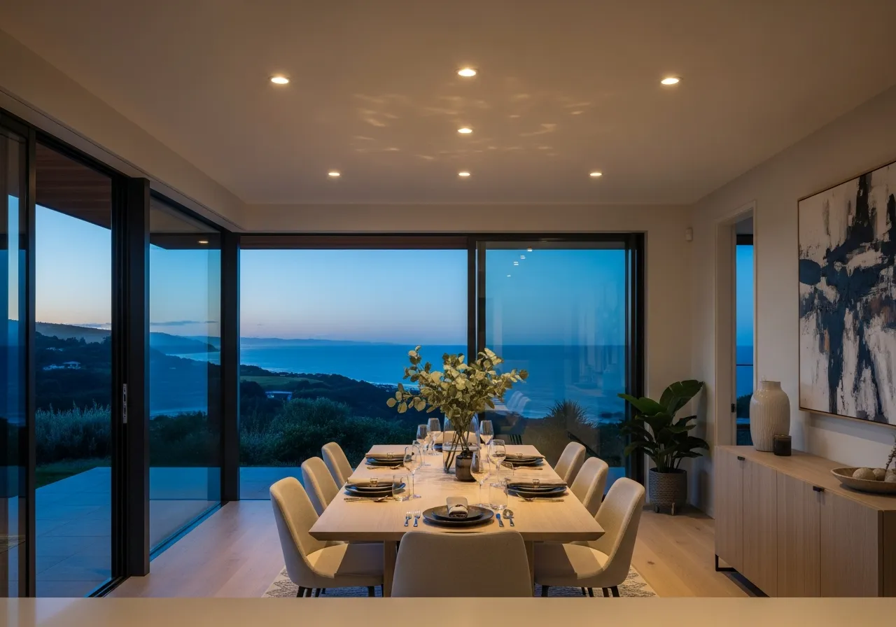 Dimmable LED downlights showcasing adjustable brightness levels in Kapiti Coast dining room installed by Whittaker Electrical