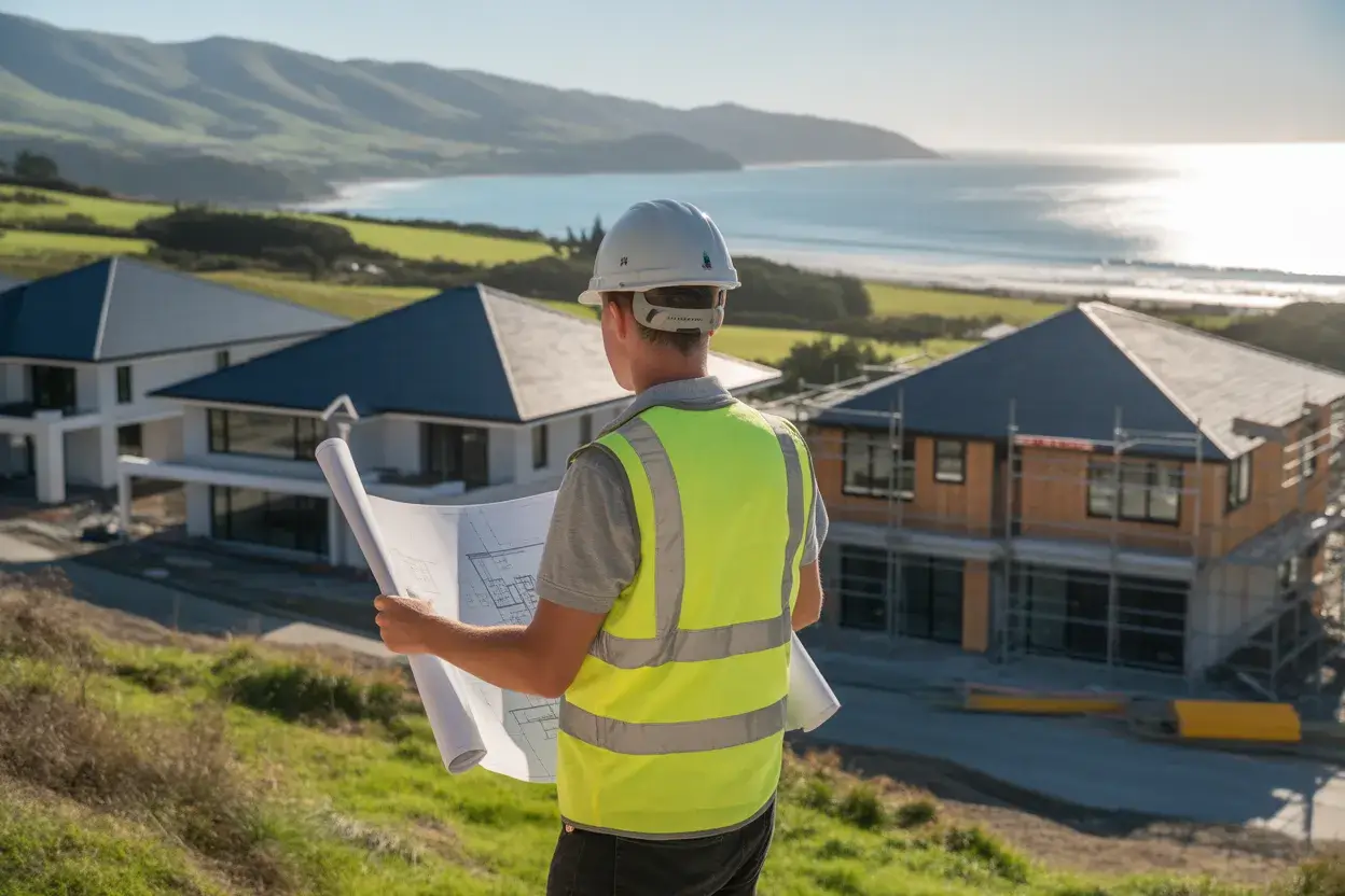 licensed-electrical-contractor-reviewing-building-plans-with-client-paraparaumu-residential-electrical-services-consultation